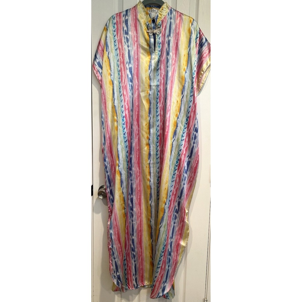 Vtg Sante MuuMuu Caftan Maxi Dress One Size Striped Toggle Button